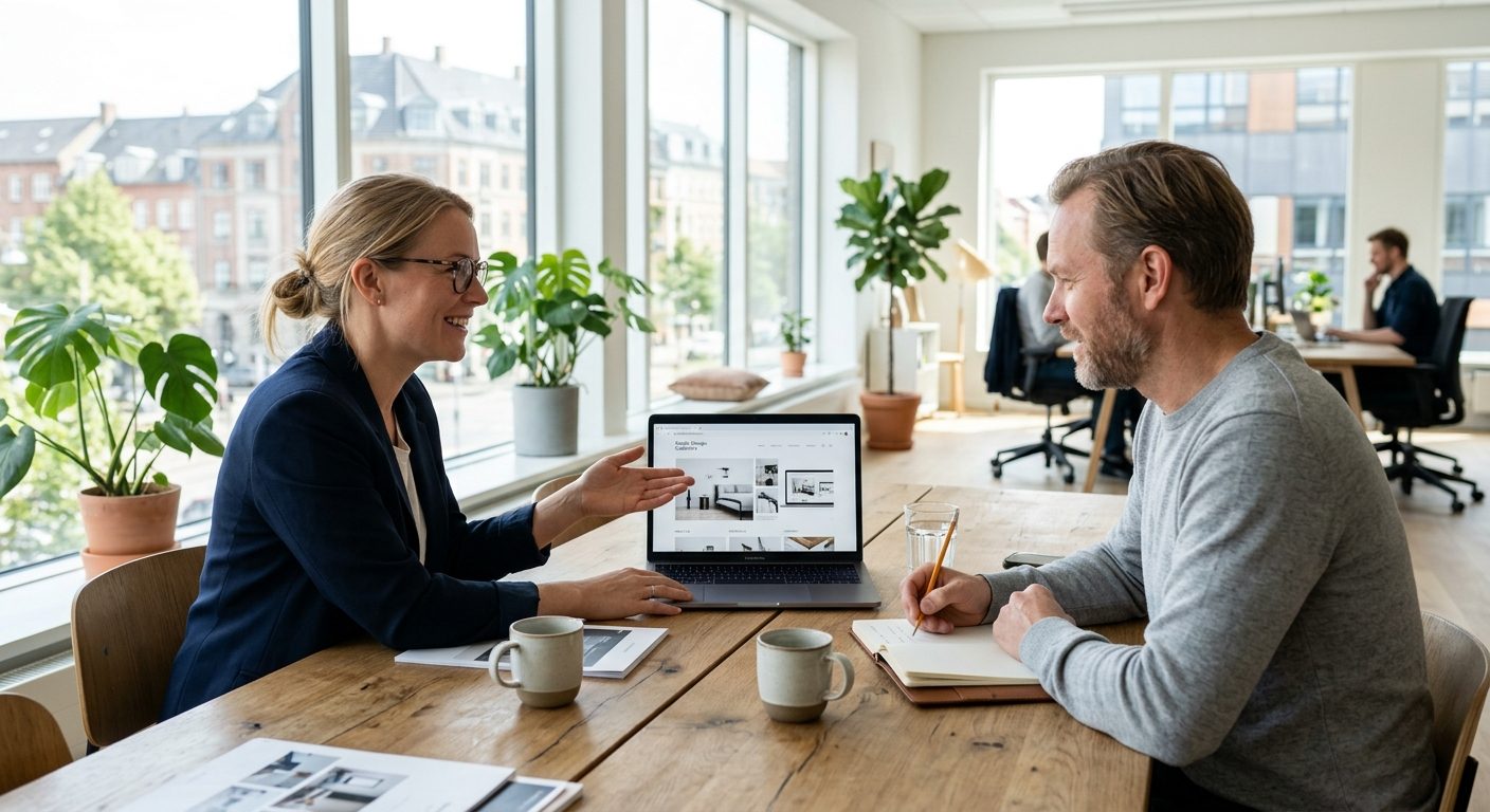 Professionel hjemmeside-designer i København præsenterer mockups for kunde på kontor