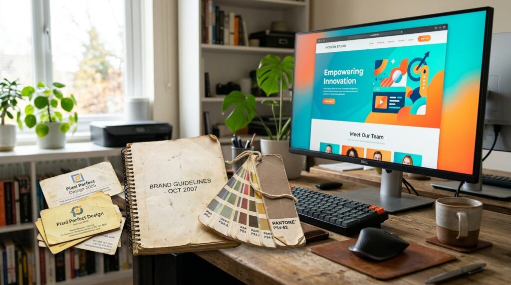 Close-up of designers desk with outdated business cards, fa