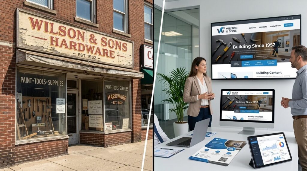 Split-screen visual concept showing dated storefront signage
