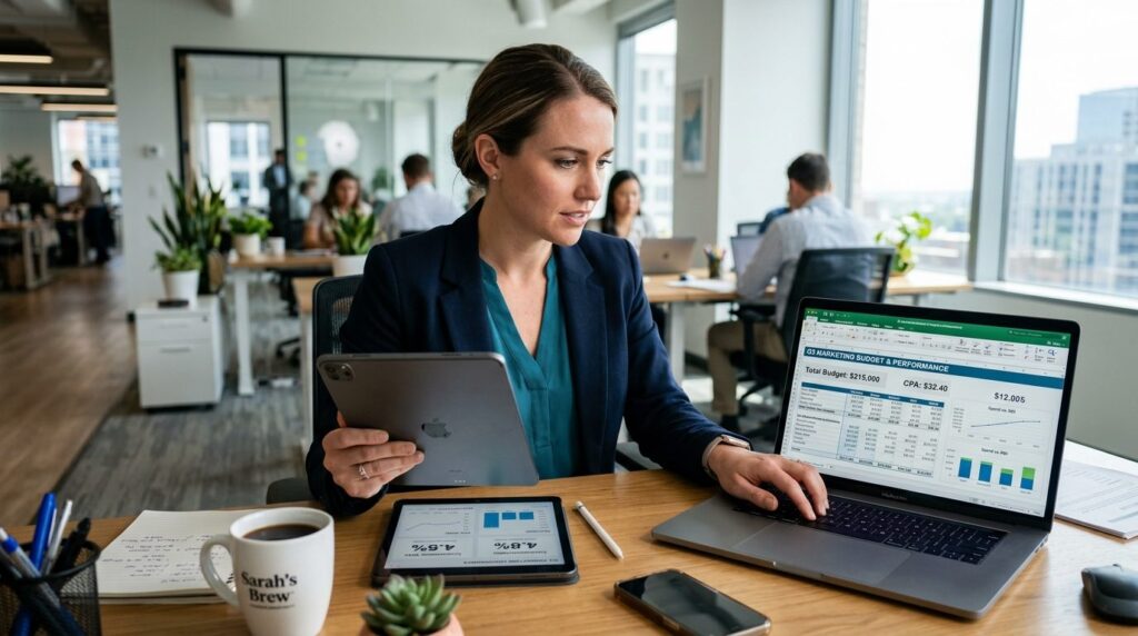 Female marketing manager reviewing conversion metrics and bu
