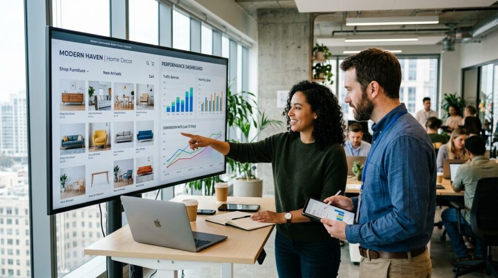 Web designer and digital marketer collaborating in modern st