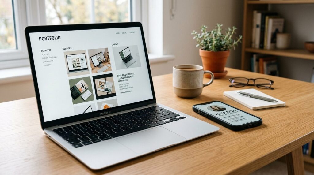 Close-up of a freelancers laptop and smartphone on a minima