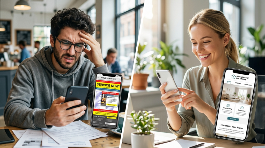 Split-screen comparison: left side shows a confused customer