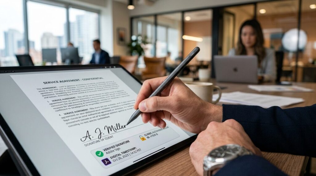 Close-up of a hand signing a digital signature on tablet scr