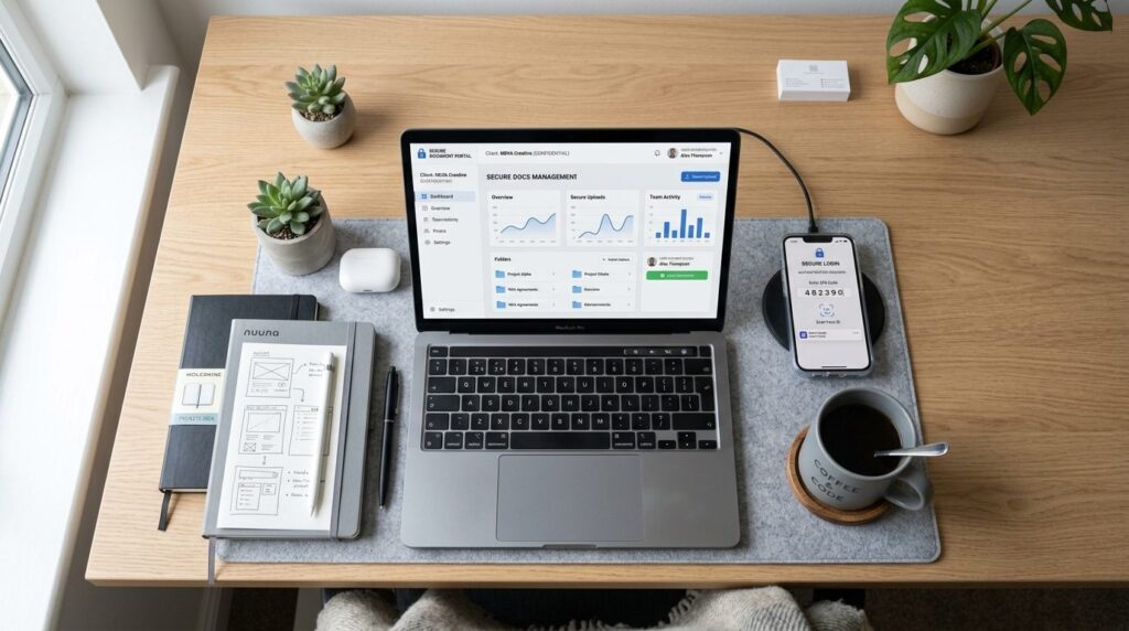 Overhead view of creative professional workspace with laptop