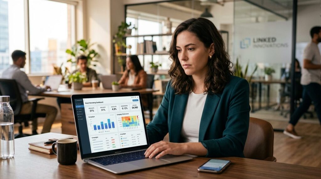 Young female entrepreneur working at her desk on a laptop, f