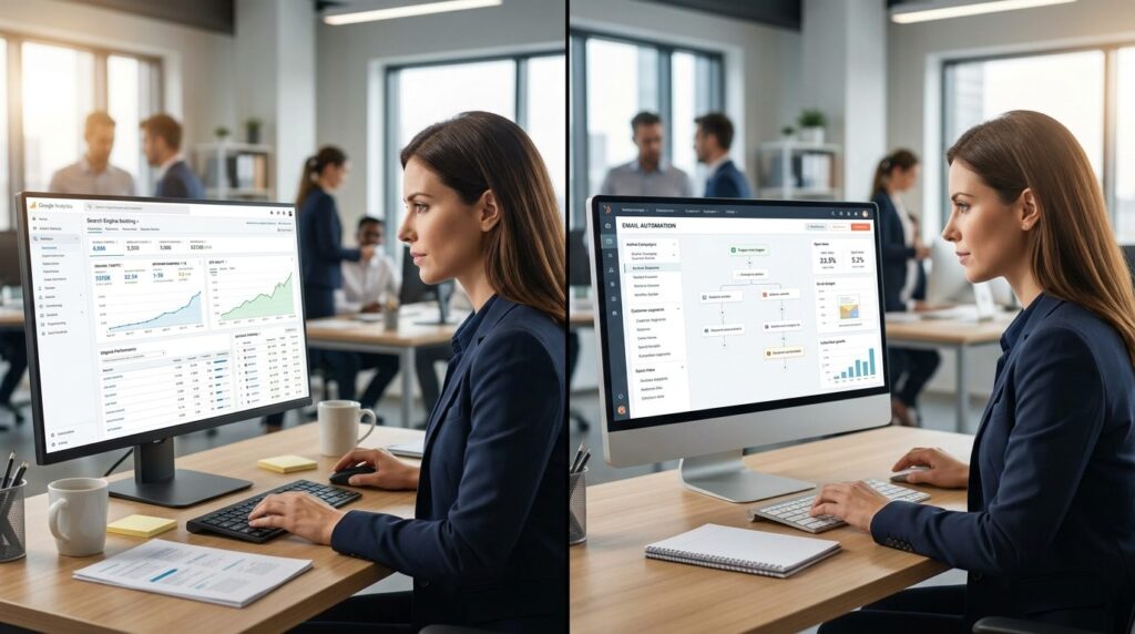 Split-screen conceptual visualization: left side shows a per