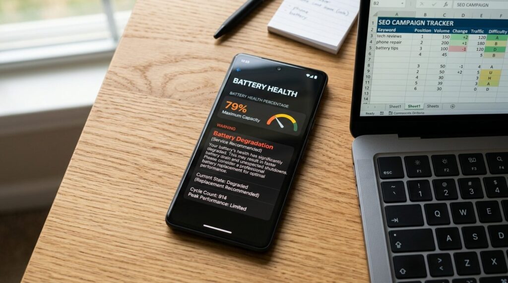 Close-up overhead shot of a smartphone battery health screen