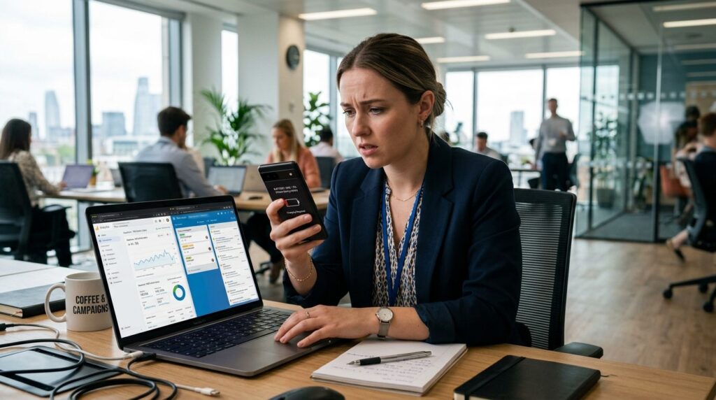 Digital marketer in modern office multitasking with smartpho