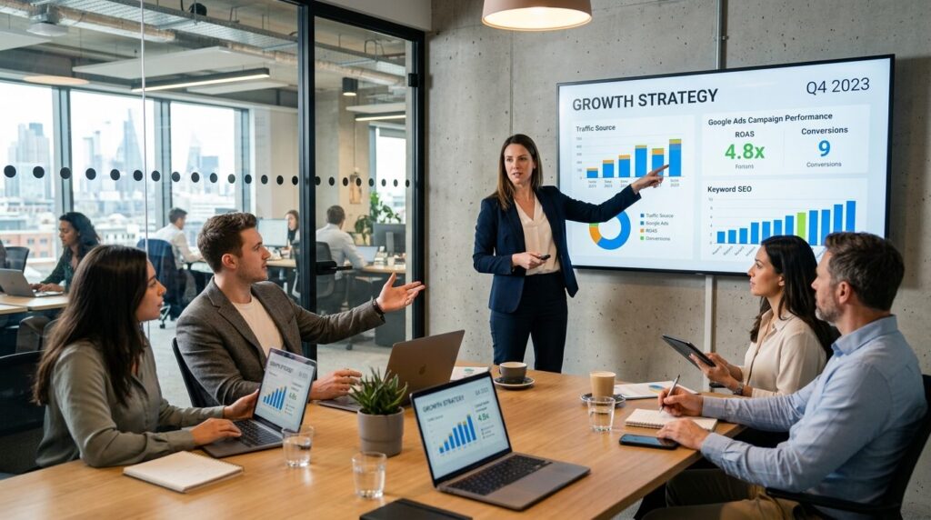 Modern digital marketing agency meeting room: Professional c