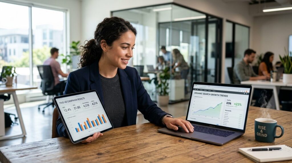 Young entrepreneur with tablet and laptop reviewing paid adv