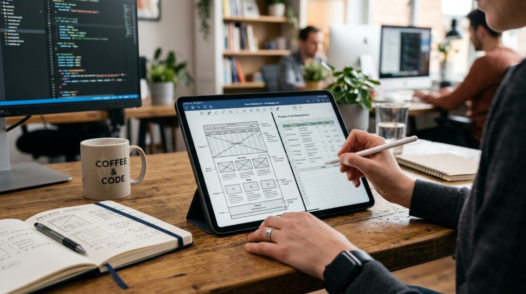 Close-up of designers hands working on tablet displaying we