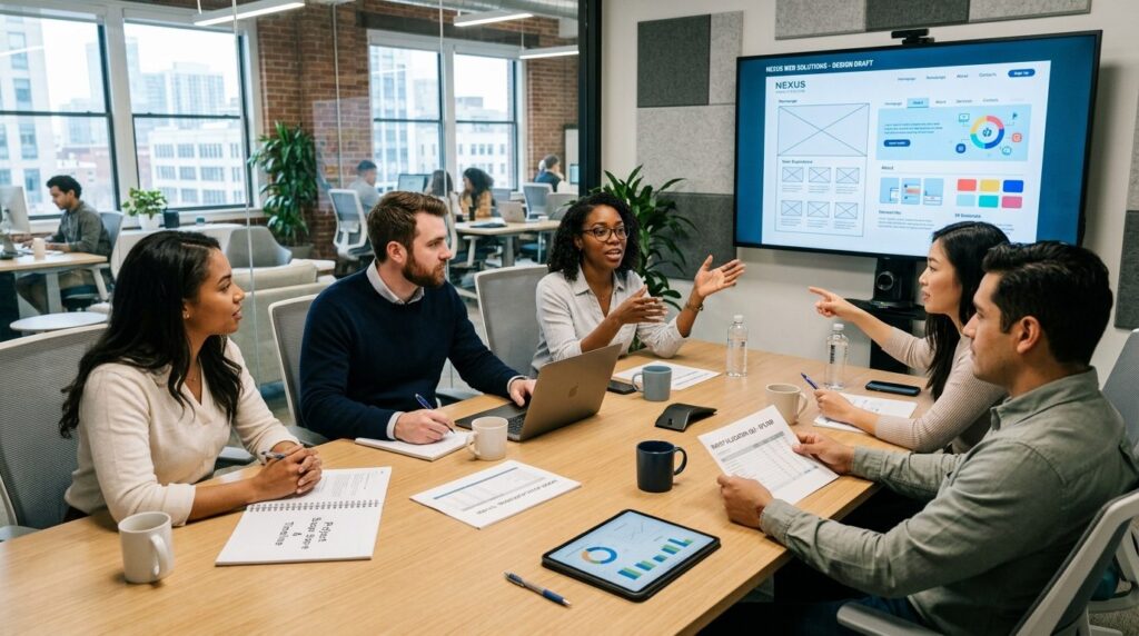 Group of young professionals in modern office conference roo