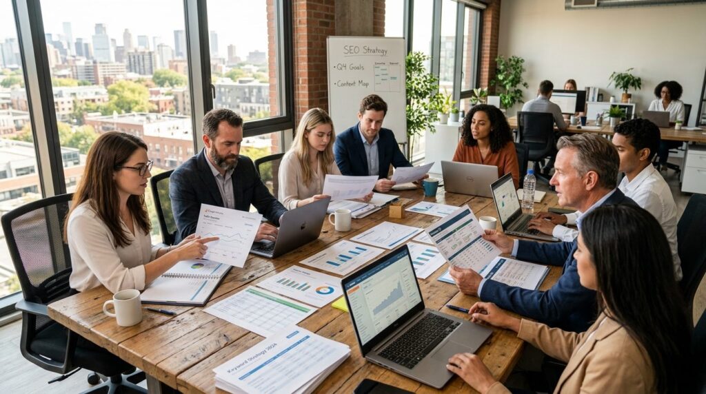 Wide shot of a collaborative SEO agency team reviewing strat