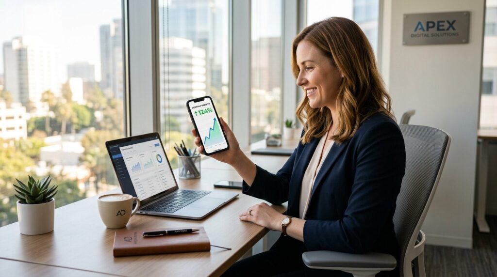 Business owner looking at smartphone with growth chart notif