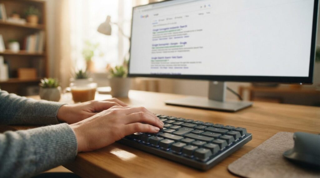 Close-up of hands typing on keyboard with Google search resu