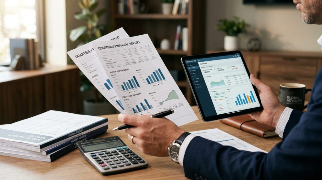 Close-up of businessmans hands holding financial documents 