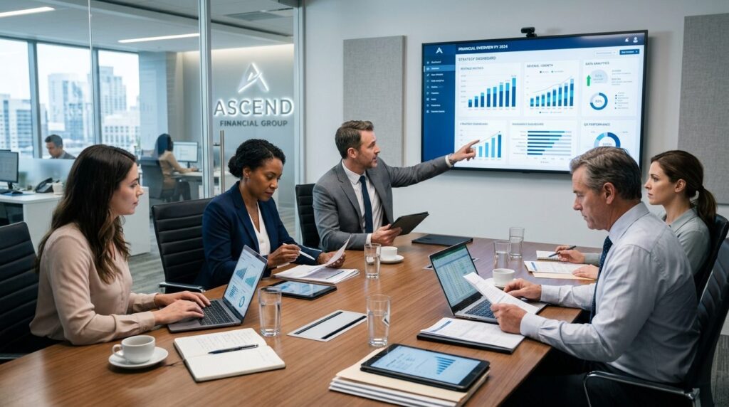 Business professionals in conference room analyzing integrat