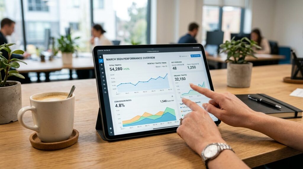 Close-up of hands pointing at digital marketing dashboard on