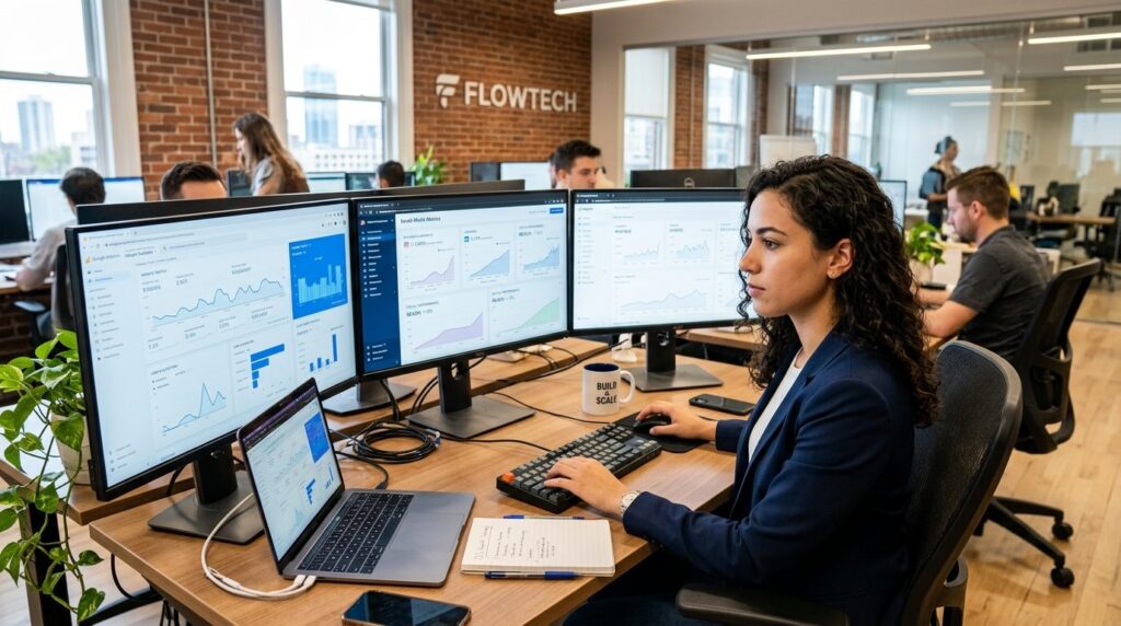 Young entrepreneur sitting at desk surrounded by multiple co