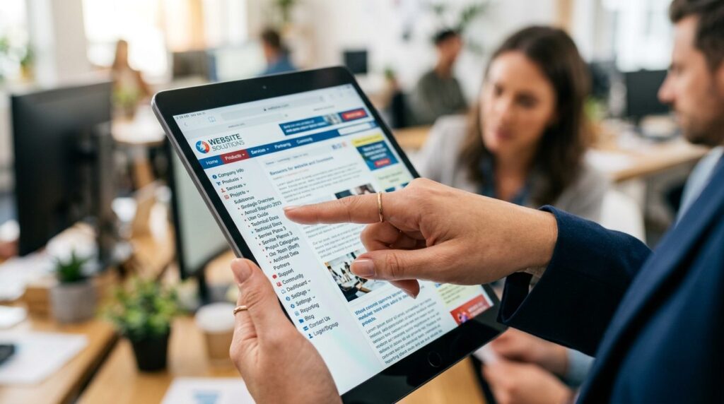 Close-up of a hand pointing at cluttered website navigation 