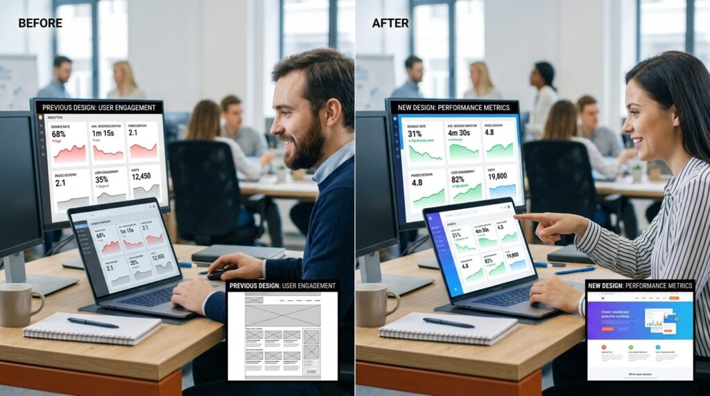 Split screen comparison showing before and after design iter
