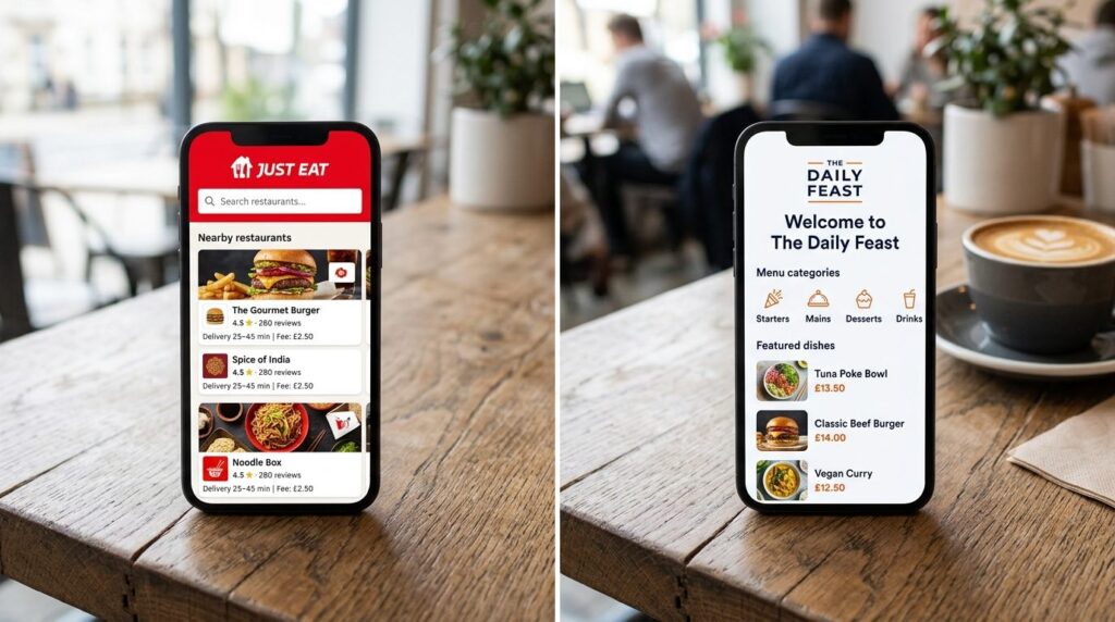 Split-screen comparison: left side shows smartphone with Jus