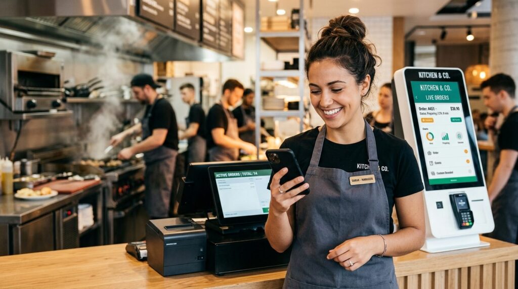 Young restaurant manager standing in front of POS system and