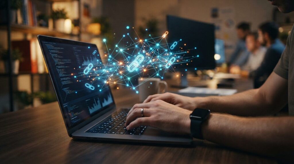 Close-up of hands typing on keyboard with glowing network no