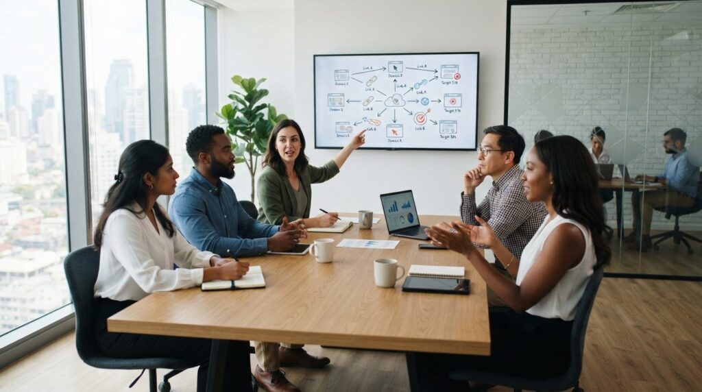 Marketing team collaborating in bright contemporary office m