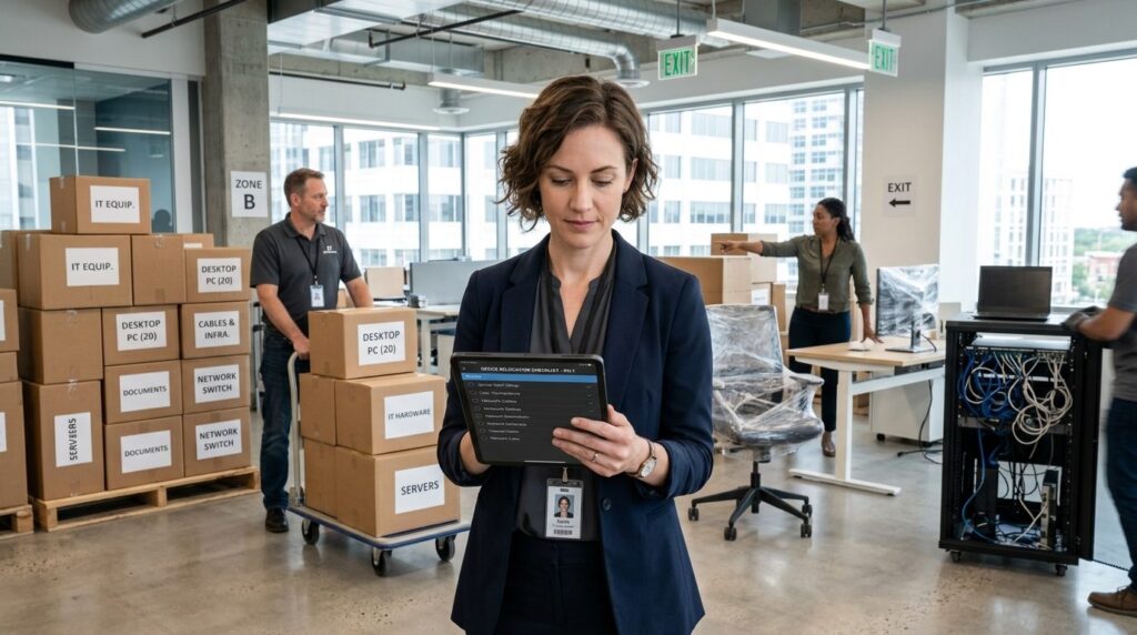 Office manager or IT coordinator reviewing digital checklist