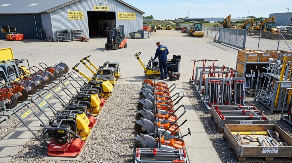 Close-up overhead view of construction equipment rental yard