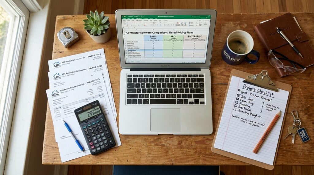 Overhead flat lay of a contractors desk with laptop showing