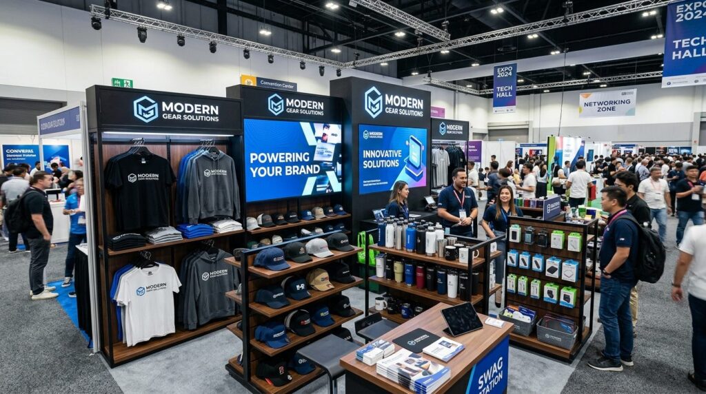 Wide shot of a professional trade show booth or event space 