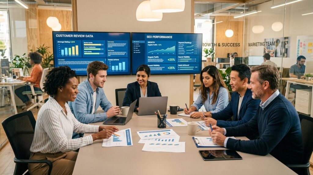 Photorealistic image of a diverse team of digital marketers 