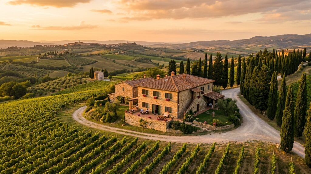 Photorealistic stock image, 16:9 format: Rustic agriturismo