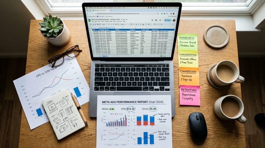 Close-up overhead shot of a strategists desk with laptop di