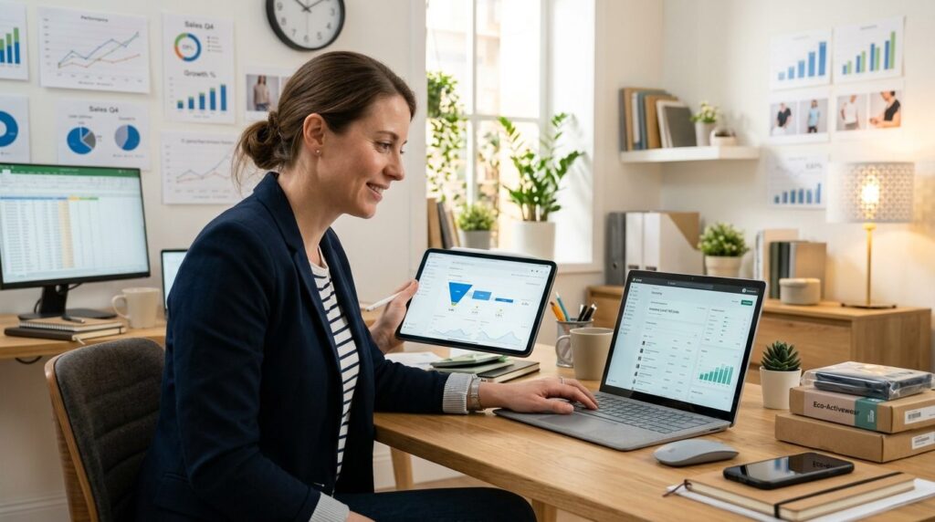 Photorealistic image of an e-commerce entrepreneur reviewing