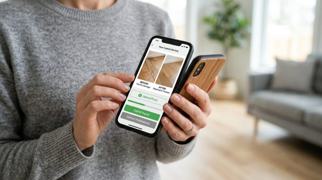 Close-up of female homeowners hands holding smartphone disp