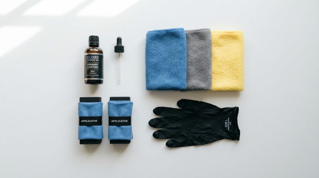 Flat lay overhead shot of premium car coating products arran