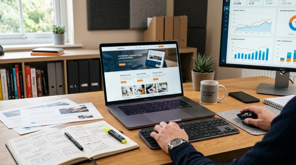 Modern web design workspace showing a laptop displaying a ca