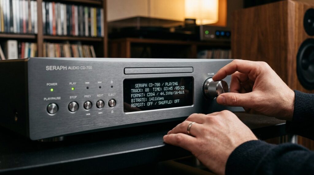 Close-up detail shot of a CD players control interface and