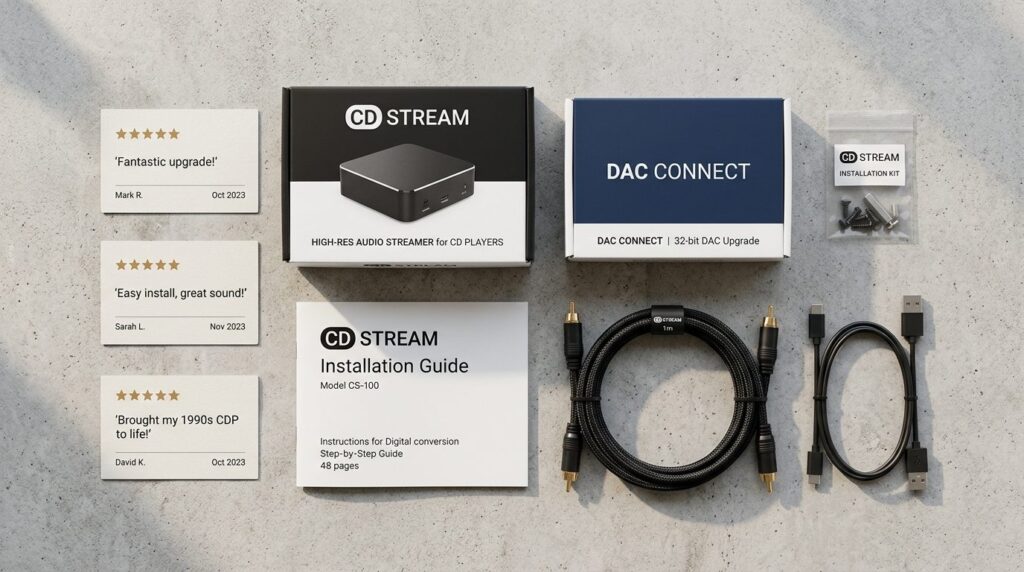 Flat lay composition of CD player conversion elements: produ