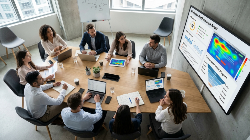 Overhead view of a business meeting room table with team mem
