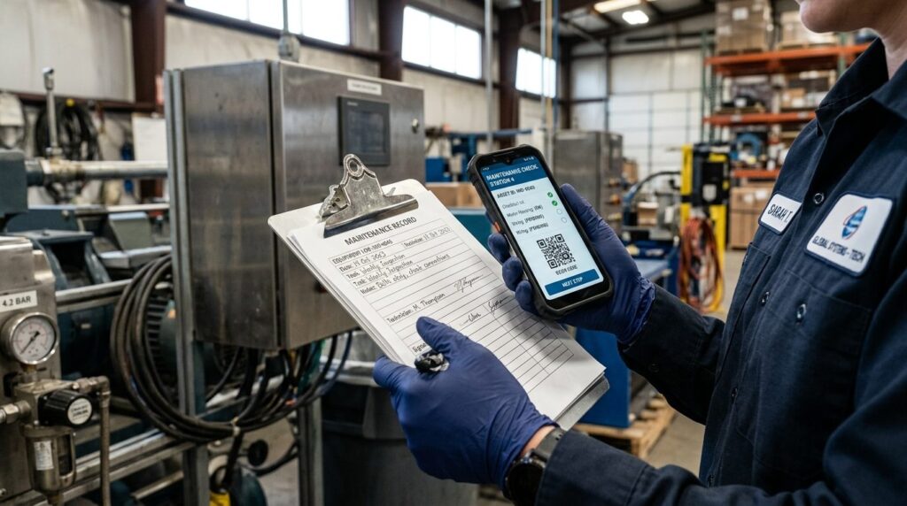 Close-up of technicians hands holding clipboard while check