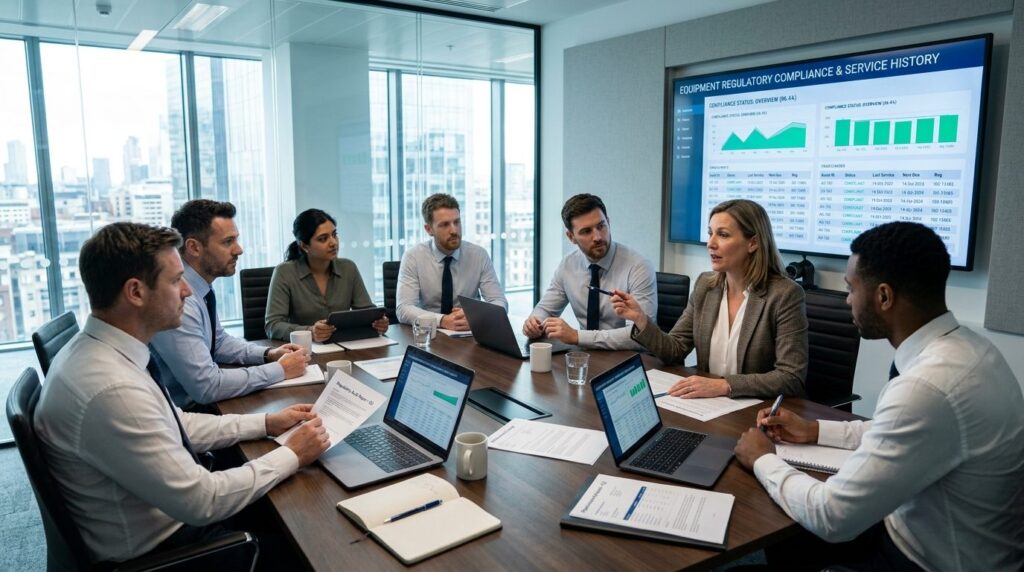 Business team meeting in modern conference room discussing r