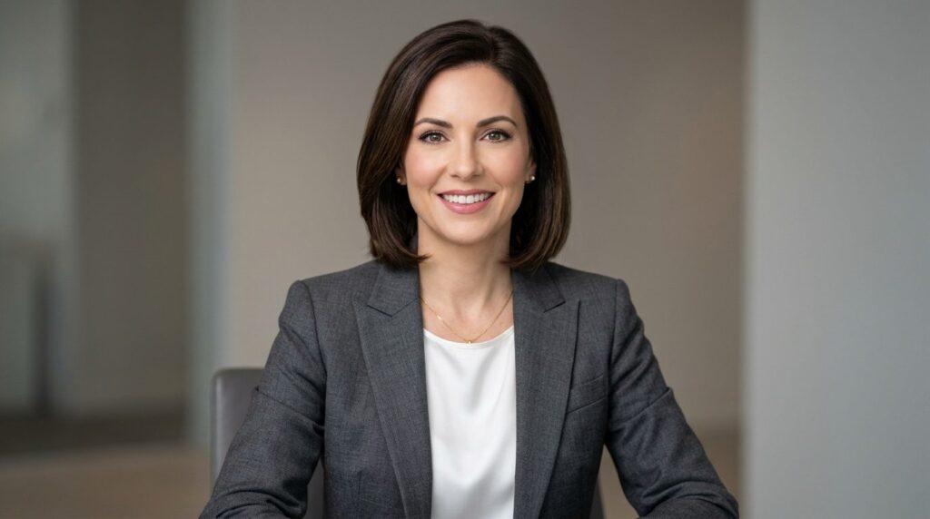 Close-up of professional woman wearing structured charcoal g