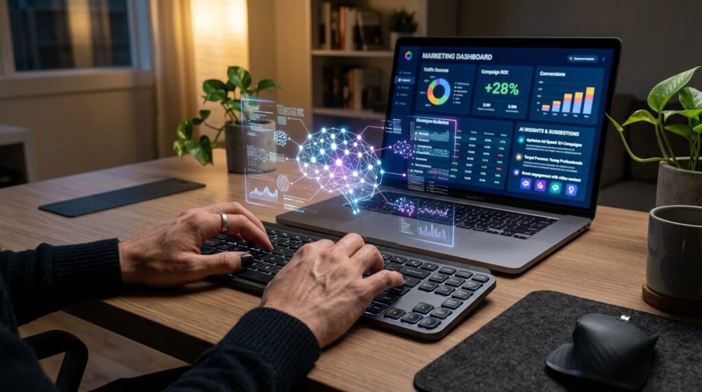 Close-up of hands typing on keyboard with glowing AI interfa