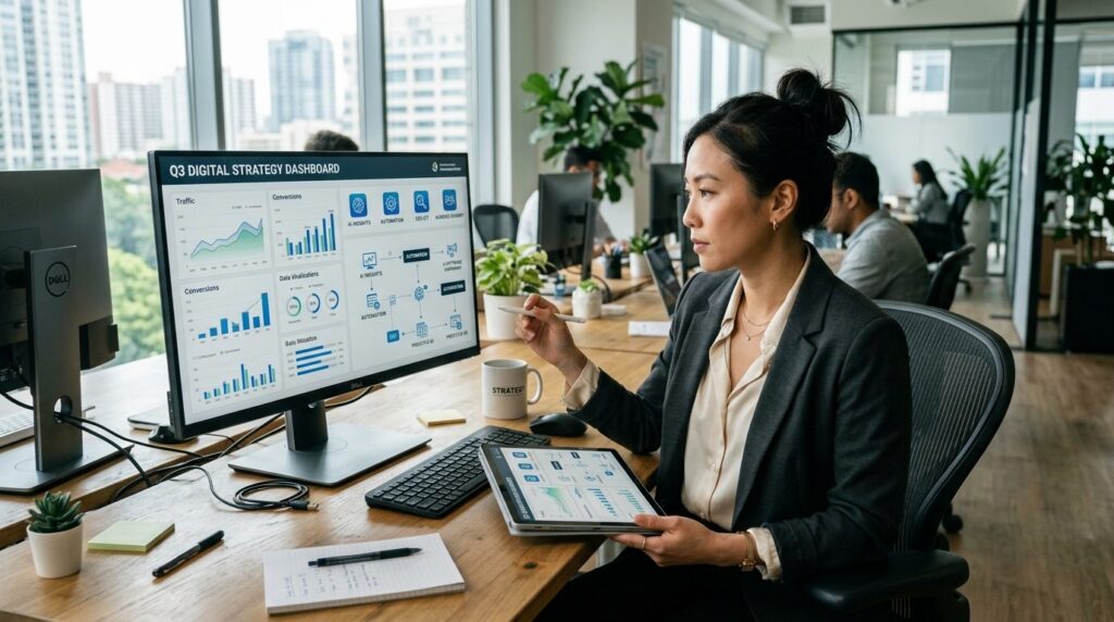 Business professional woman sitting at desk reviewing digita