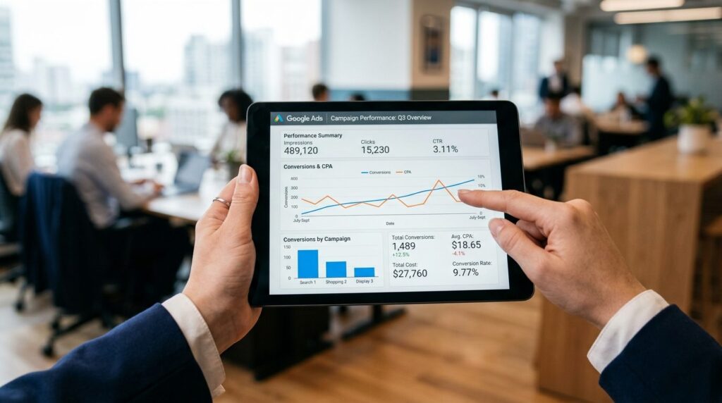Close-up of hands holding a tablet showing Google Ads campai